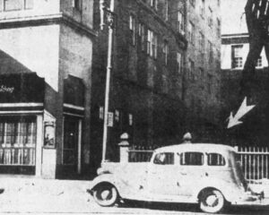 Corner of Metropolitan Apartments with arrow pointing to approximate location of the alley where Philip’s body was discovered.