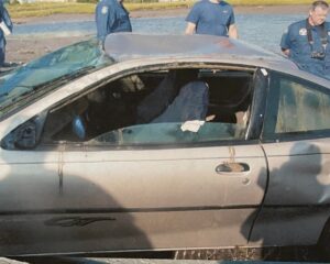 Driver’s side window of Krystal’s car after removal from the water.