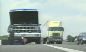 Front view of Pamela Webb’s truck on the side of the Maine Turnpike after her disappearance.