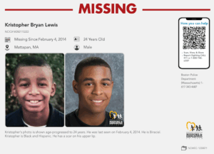 Missing poster with age progressed photo depicting Kristopher as he may appear now at 24-years old.