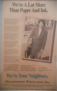 Denise appearing in an ad for Neighborhood Publications, Inc.