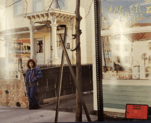 Witness Doreen Stiles standing outside La Casa Green in the approximate location she claimed to be standing when she saw the suspects leave the store on the morning of Eugenio’s murder.