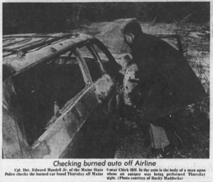 Cpl. Det. Edward Mandell Jr. inspects Jim’s burned-out car.