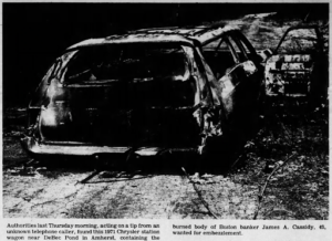 Jim’s burned out car found near DeBec Pond.