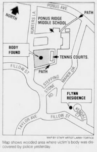 Map prepared by Stamford Advocate artist Larry Tortice demonstrating the location of the school, walking path, and the scene of the murder, source: Stamford Advocate