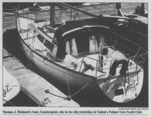 Thomas Maimoni’s sailboat “Counterpoint”, source: Boston Globe/Bill Greene