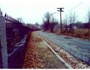 Fence and roadway near the scene on Bernard Street adjacent to St. Mary’s Cemetery, source: Commonwealth v. Lennox David James Jr. Suffolk County District Attorney’s Office case file