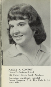 Nancy Ann (Conroy) Frenier’s yearbook photo in the 1959 edition of Attleboro High School’s ‘Tattletale’, source: Attleboro High School 1959 ‘Tattletale’ Yearbook via Archive.org